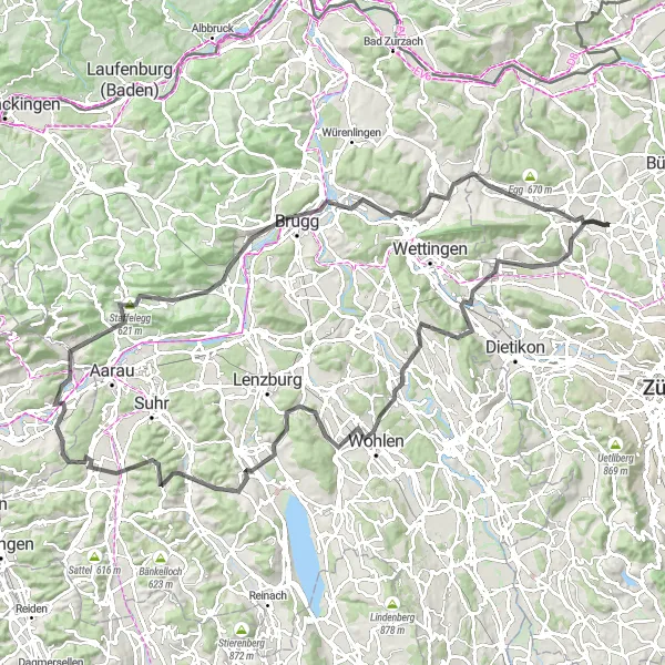 Miniatuurkaart van de fietsinspiratie "Würenlos naar Regensberg" in Zürich, Switzerland. Gemaakt door de Tarmacs.app fietsrouteplanner