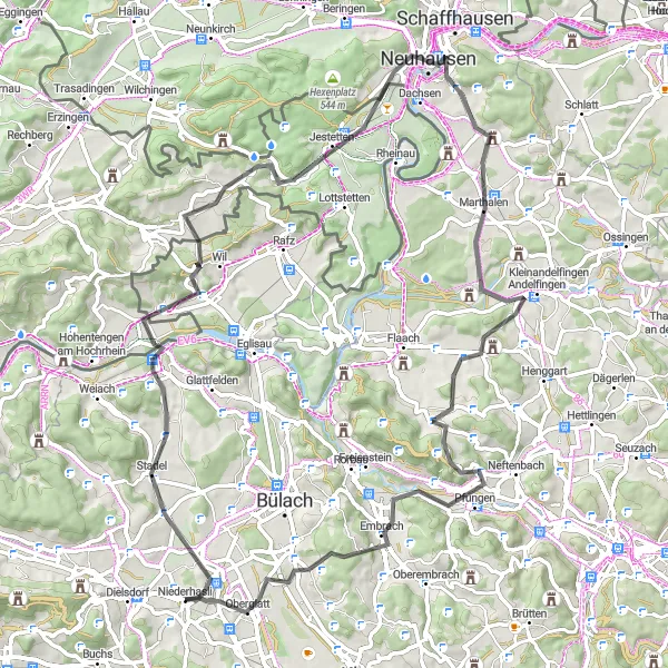 Kartminiatyr av "Reise gjennom Niederhasli og Andelfingen" sykkelinspirasjon i Zürich, Switzerland. Generert av Tarmacs.app sykkelrutoplanlegger
