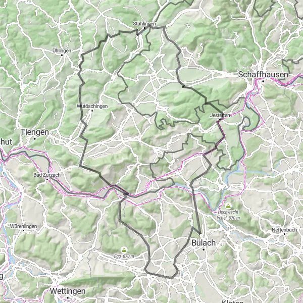 Mapa miniatúra "Okruh z Niederhasli s pokračovaním do Kaiserstuhlu" cyklistická inšpirácia v Zürich, Switzerland. Vygenerované cyklistickým plánovačom trás Tarmacs.app