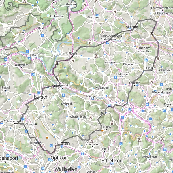 Mapa miniatúra "Zürich - Bülach - Kloten Loop" cyklistická inšpirácia v Zürich, Switzerland. Vygenerované cyklistickým plánovačom trás Tarmacs.app