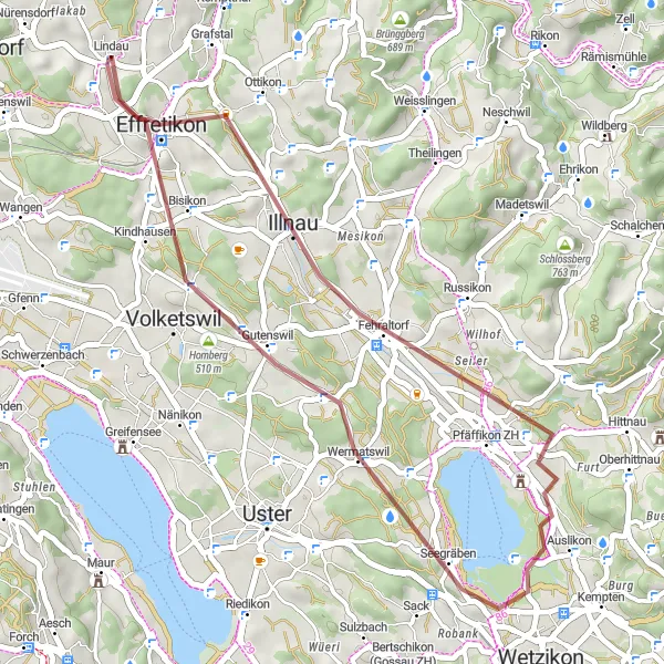Map miniature of "Birch and Pfäffikon ZH Gravel Loop" cycling inspiration in Zürich, Switzerland. Generated by Tarmacs.app cycling route planner