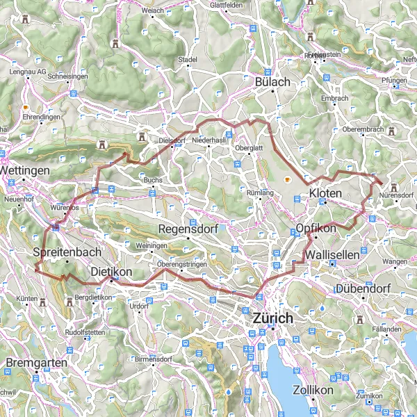 Miniaturekort af cykelinspirationen "Udfordrende gruscykelrute med panoramaudsigt" i Zürich, Switzerland. Genereret af Tarmacs.app cykelruteplanlægger