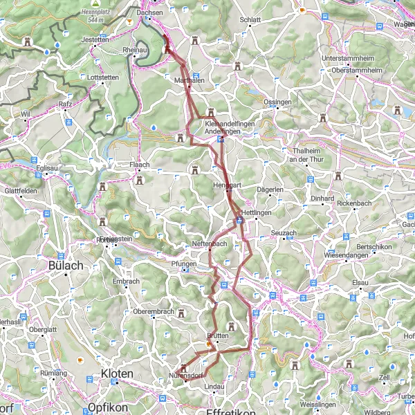 Zemljevid v pomanjšavi "Potepanje po Gravljih okoli Nürensdorfa" kolesarske inspiracije v Zürich, Switzerland. Generirano z načrtovalcem kolesarskih poti Tarmacs.app