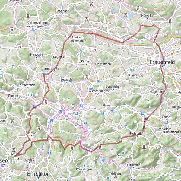 Mapa miniatúra "Gravelová cesta cez Chöpfi - Schloss Nürensdorf" cyklistická inšpirácia v Zürich, Switzerland. Vygenerované cyklistickým plánovačom trás Tarmacs.app