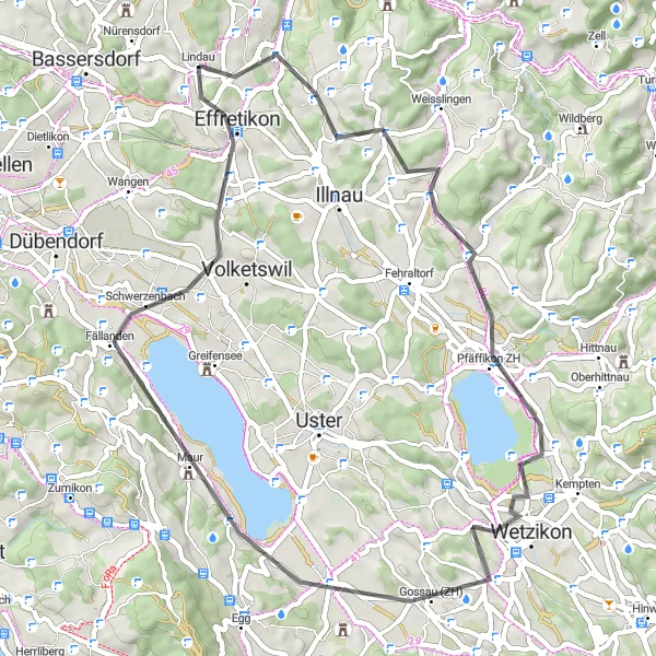 Miniatua del mapa de inspiración ciclista "Senderos en Carretera de Nürensdorf a Birchen" en Zürich, Switzerland. Generado por Tarmacs.app planificador de rutas ciclistas