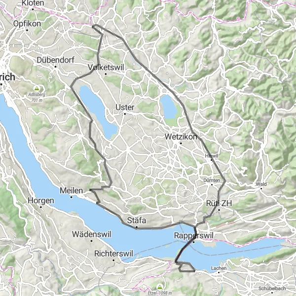 Kartminiatyr av "Pfäffikersee - Schwerzenbach Road Trip" sykkelinspirasjon i Zürich, Switzerland. Generert av Tarmacs.app sykkelrutoplanlegger