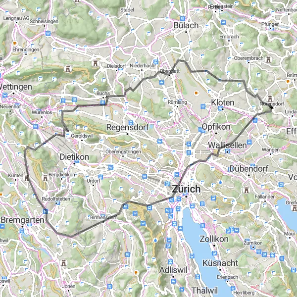 Mapa miniatúra "Jazda na kole Wallisellen - Burgstelle Untere Heidenburg" cyklistická inšpirácia v Zürich, Switzerland. Vygenerované cyklistickým plánovačom trás Tarmacs.app