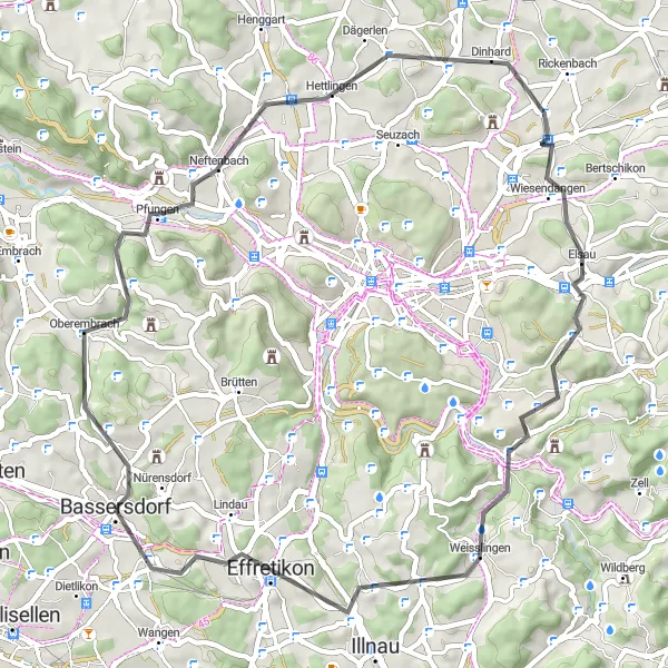 Miniatura della mappa di ispirazione al ciclismo "Giro in bicicletta da Nürensdorf" nella regione di Zürich, Switzerland. Generata da Tarmacs.app, pianificatore di rotte ciclistiche