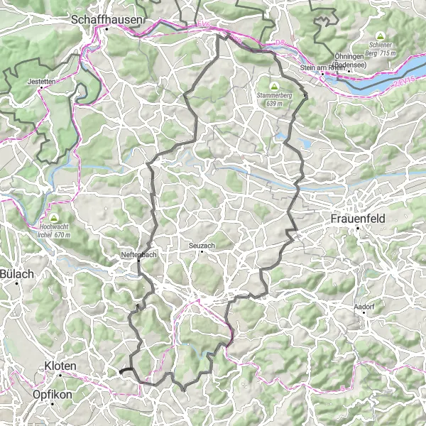 Miniatua del mapa de inspiración ciclista "Ruta en Carretera hacia Diessenhofen" en Zürich, Switzerland. Generado por Tarmacs.app planificador de rutas ciclistas