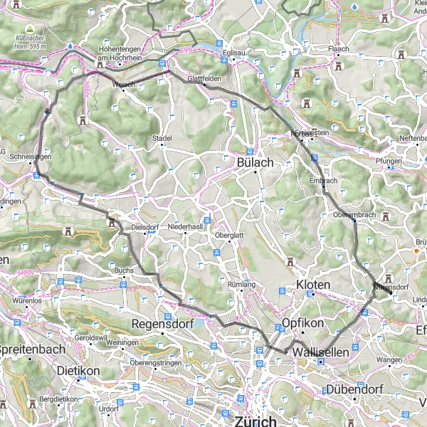 Map miniature of "Zurich Outskirts Road Loop" cycling inspiration in Zürich, Switzerland. Generated by Tarmacs.app cycling route planner