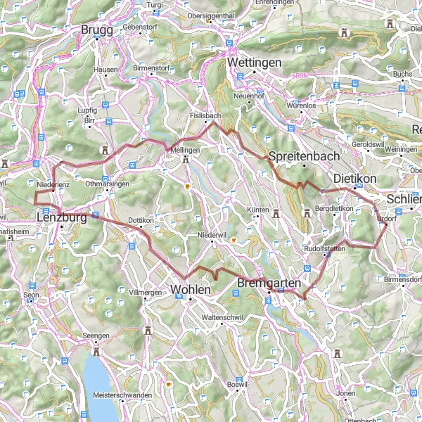 Mapa miniatúra "Gravel cyklotúra cez Hohbüel a Heitersbergpass" cyklistická inšpirácia v Zürich, Switzerland. Vygenerované cyklistickým plánovačom trás Tarmacs.app