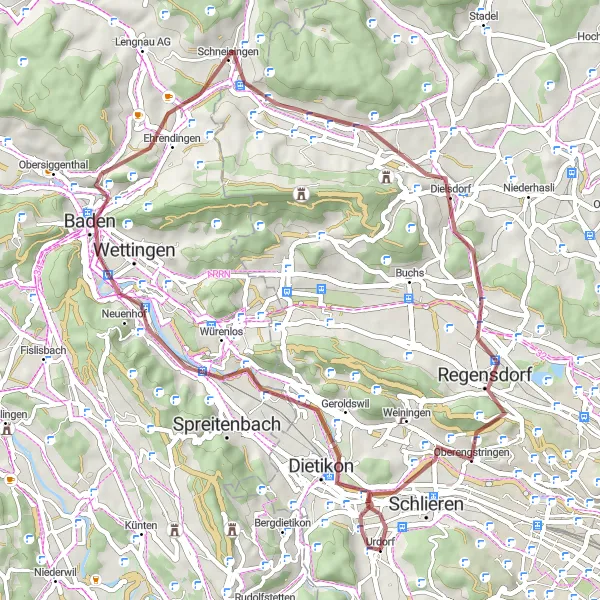 Miniatura della mappa di ispirazione al ciclismo "Giro in bicicletta Dietikon - Chrüzliberg - Baden - Schneisingen - Regensdorf - Gubrist - Urdorf" nella regione di Zürich, Switzerland. Generata da Tarmacs.app, pianificatore di rotte ciclistiche