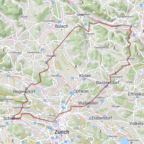 Mapa miniatúra "Gravel cyklotúra cez Oberengstringen a Wallisellen" cyklistická inšpirácia v Zürich, Switzerland. Vygenerované cyklistickým plánovačom trás Tarmacs.app