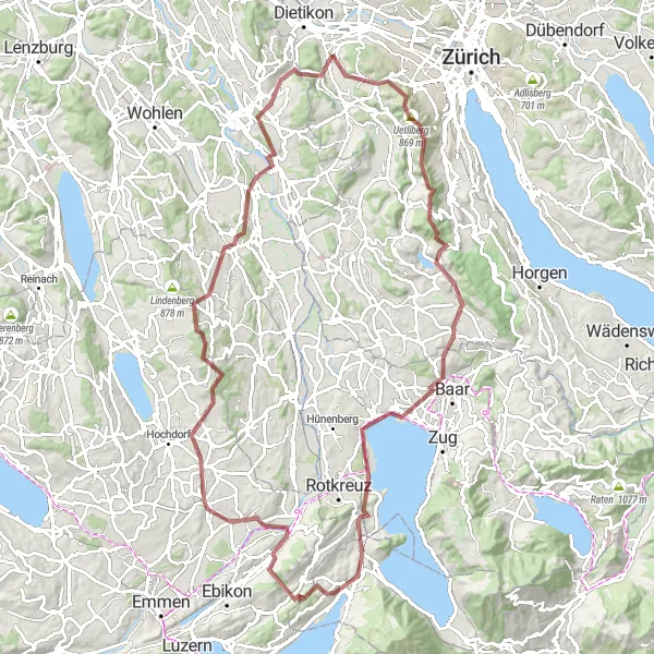 Mapa miniatúra "Gravelový okruh kolem Uetlibergu" cyklistická inšpirácia v Zürich, Switzerland. Vygenerované cyklistickým plánovačom trás Tarmacs.app