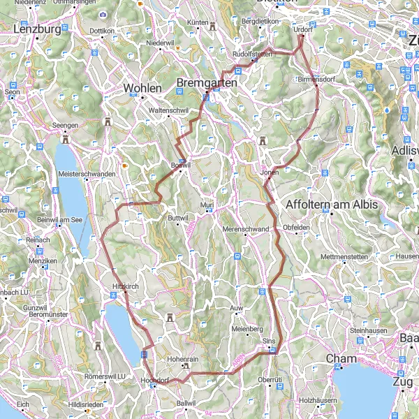 Miniatuurkaart van de fietsinspiratie "Urdorf naar Bremgarten Gravelroute" in Zürich, Switzerland. Gemaakt door de Tarmacs.app fietsrouteplanner