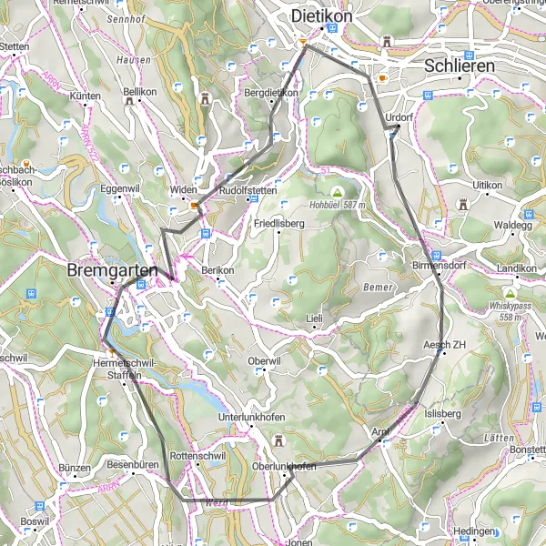 Mapa miniatúra "Cyklotrasa okolo Oberlunkhofen" cyklistická inšpirácia v Zürich, Switzerland. Vygenerované cyklistickým plánovačom trás Tarmacs.app