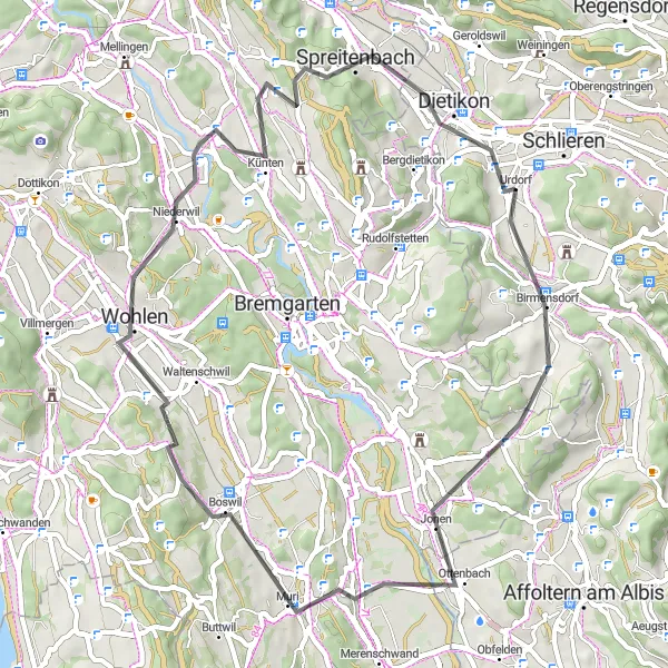 Mapa miniatúra "Cyklotrasa do Arni a Muri" cyklistická inšpirácia v Zürich, Switzerland. Vygenerované cyklistickým plánovačom trás Tarmacs.app