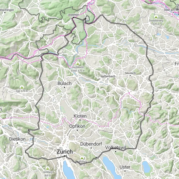 Karttaminiaatyyri "Haastava kierros" pyöräilyinspiraatiosta alueella Zürich, Switzerland. Luotu Tarmacs.app pyöräilyreittisuunnittelijalla
