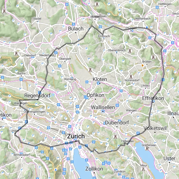 Miniatura della mappa di ispirazione al ciclismo "Esplorazione culturale tra colline e vigneti" nella regione di Zürich, Switzerland. Generata da Tarmacs.app, pianificatore di rotte ciclistiche