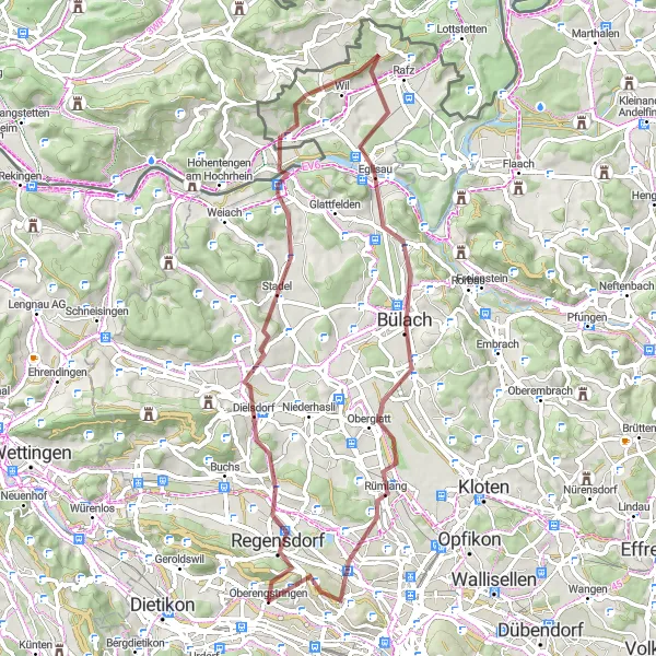 Zemljevid v pomanjšavi "Potovanje skozi gozdove in vasi Züricha" kolesarske inspiracije v Zürich, Switzerland. Generirano z načrtovalcem kolesarskih poti Tarmacs.app