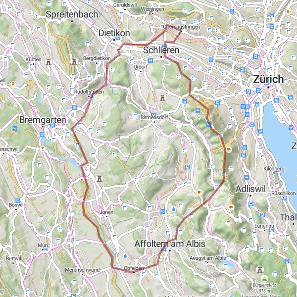Kartminiatyr av "Grusvei tur langs Mutschellenpass" sykkelinspirasjon i Zürich, Switzerland. Generert av Tarmacs.app sykkelrutoplanlegger