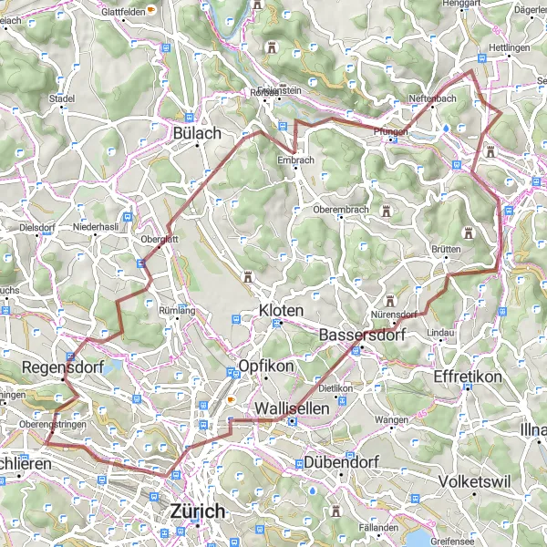Miniaturní mapa "Gravelová projížďka Gubrist-Höngg" inspirace pro cyklisty v oblasti Zürich, Switzerland. Vytvořeno pomocí plánovače tras Tarmacs.app