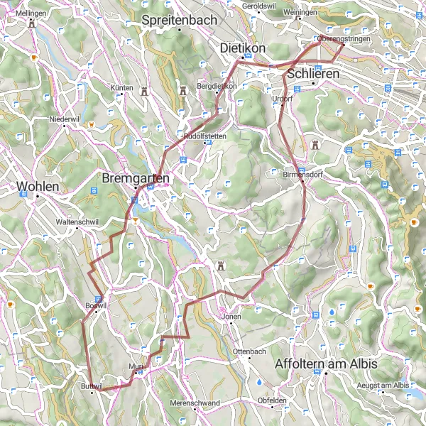 Zemljevid v pomanjšavi "Kolesarska pot skozi slikovite vasi" kolesarske inspiracije v Zürich, Switzerland. Generirano z načrtovalcem kolesarskih poti Tarmacs.app