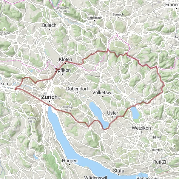 Zemljevid v pomanjšavi "Pustolovščina med gozdovi in jezeri" kolesarske inspiracije v Zürich, Switzerland. Generirano z načrtovalcem kolesarskih poti Tarmacs.app