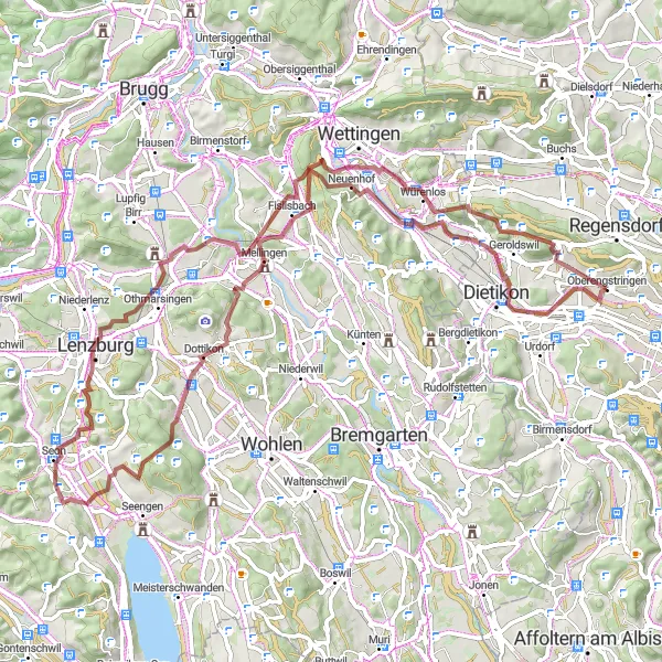 Karten-Miniaturansicht der Radinspiration "Herausfordernde Tour durch Würenlos und Lenzburg" in Zürich, Switzerland. Erstellt vom Tarmacs.app-Routenplaner für Radtouren