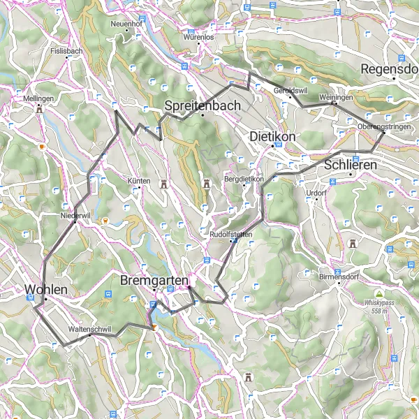 Miniaturní mapa "Horská silnice do Wohlen" inspirace pro cyklisty v oblasti Zürich, Switzerland. Vytvořeno pomocí plánovače tras Tarmacs.app
