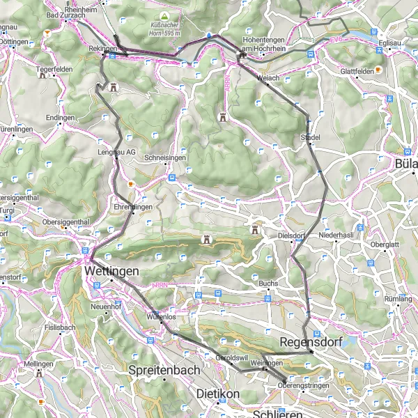 Map miniature of "Historical Road Ride from Oberengstringen to Gubrist" cycling inspiration in Zürich, Switzerland. Generated by Tarmacs.app cycling route planner