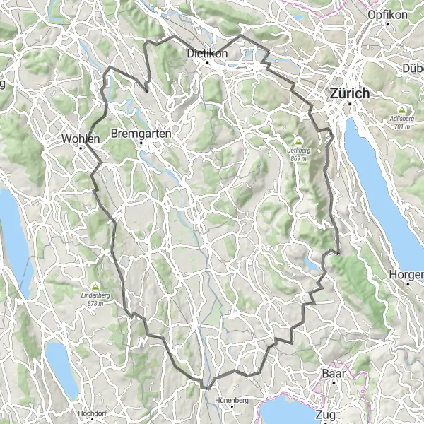 Miniaturní mapa "Okružní cesta z Oberengstringen - Adliswil - Rothirsch - Sins - Buttwil - Künten - Dietikon" inspirace pro cyklisty v oblasti Zürich, Switzerland. Vytvořeno pomocí plánovače tras Tarmacs.app
