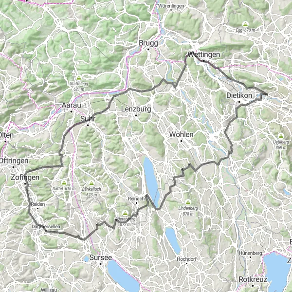 Map miniature of "The Grand Tour of the Aargau" cycling inspiration in Zürich, Switzerland. Generated by Tarmacs.app cycling route planner