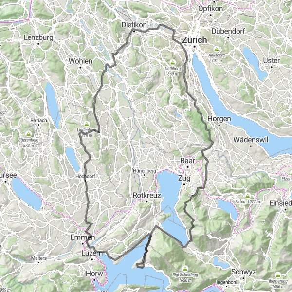 Kartminiatyr av "Lang landevei eventyr gjennom Lucerne" sykkelinspirasjon i Zürich, Switzerland. Generert av Tarmacs.app sykkelrutoplanlegger