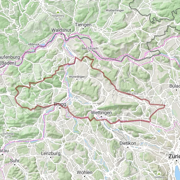 Miniatua del mapa de inspiración ciclista "Ruta de Grava a Bözbergpass" en Zürich, Switzerland. Generado por Tarmacs.app planificador de rutas ciclistas