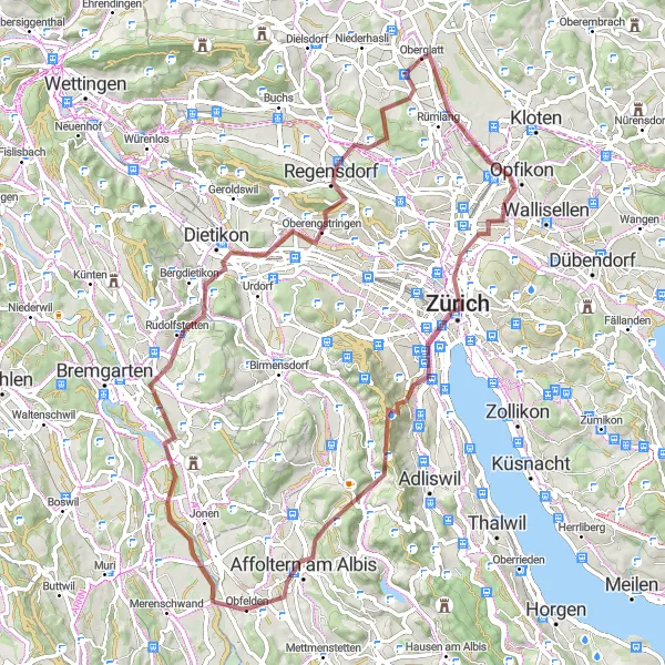 Kartminiatyr av "Grusväg äventyr till Oberglatt via Zürich" cykelinspiration i Zürich, Switzerland. Genererad av Tarmacs.app cykelruttplanerare