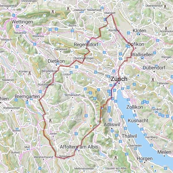 Karttaminiaatyyri "Gravel-seikkailu Zürichin ympäristössä" pyöräilyinspiraatiosta alueella Zürich, Switzerland. Luotu Tarmacs.app pyöräilyreittisuunnittelijalla