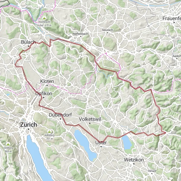 Miniatura della mappa di ispirazione al ciclismo "Tour in bicicletta gravel attraverso paesaggi rurali" nella regione di Zürich, Switzerland. Generata da Tarmacs.app, pianificatore di rotte ciclistiche