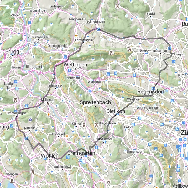 Kartminiatyr av "Veirut rundt Oberglatt" sykkelinspirasjon i Zürich, Switzerland. Generert av Tarmacs.app sykkelrutoplanlegger