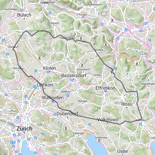 Miniature de la carte de l'inspiration cycliste "Circuit des collines de Zurich" dans la Zürich, Switzerland. Générée par le planificateur d'itinéraire cycliste Tarmacs.app