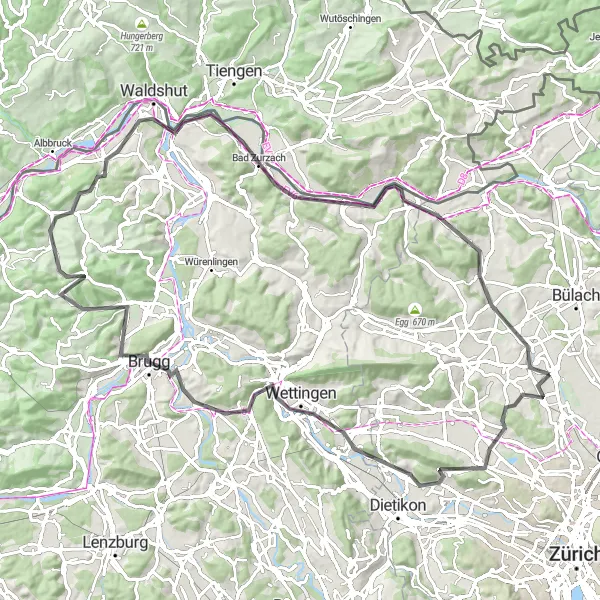 Kartminiatyr av "Regensdorf to Weiach Circuit" cykelinspiration i Zürich, Switzerland. Genererad av Tarmacs.app cykelruttplanerare
