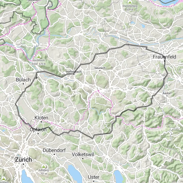 Zemljevid v pomanjšavi "Kolesarska pot Dättenberg - Oberglatt" kolesarske inspiracije v Zürich, Switzerland. Generirano z načrtovalcem kolesarskih poti Tarmacs.app