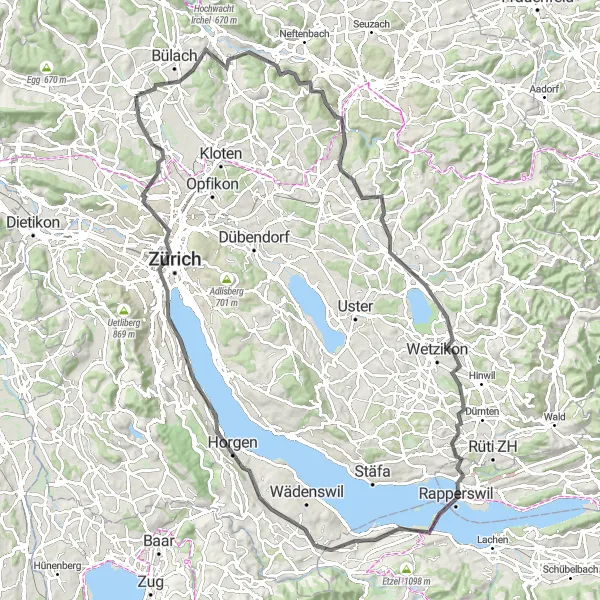 Map miniature of "Zurich Lake Valley Circuit" cycling inspiration in Zürich, Switzerland. Generated by Tarmacs.app cycling route planner