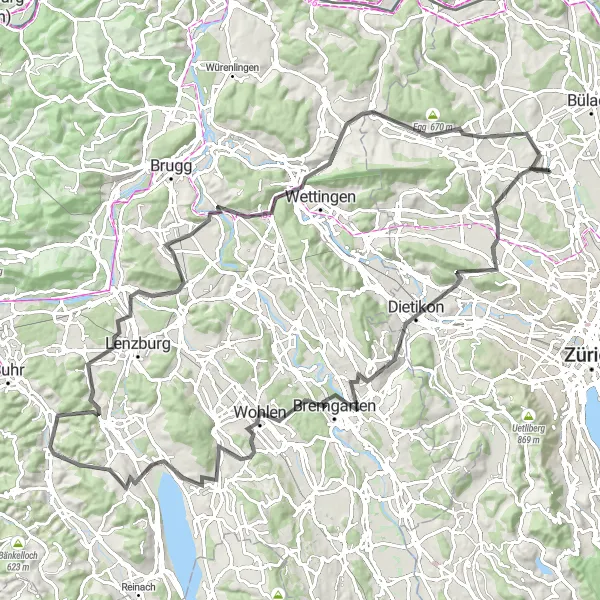 Miniaturekort af cykelinspirationen "Zürich to Bremgarten Road Cycling Route" i Zürich, Switzerland. Genereret af Tarmacs.app cykelruteplanlægger