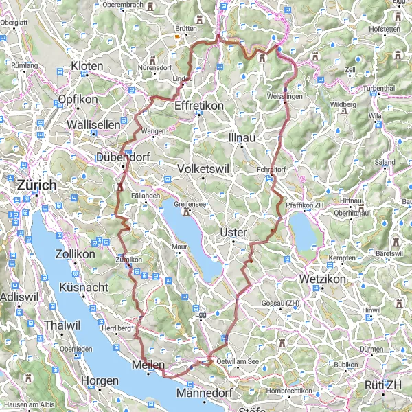 Miniature de la carte de l'inspiration cycliste "Sentier gravel à travers Mönchaltorf et Uetikon am See" dans la Zürich, Switzerland. Générée par le planificateur d'itinéraire cycliste Tarmacs.app