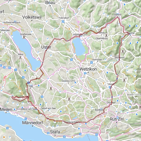 Mapa miniatúra "Gravel trasa okolo Obermeilen" cyklistická inšpirácia v Zürich, Switzerland. Vygenerované cyklistickým plánovačom trás Tarmacs.app