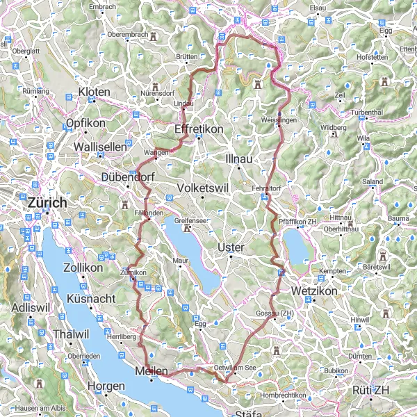 Miniaturekort af cykelinspirationen "77 km Gruscykelrute gennem det schweiziske landskab" i Zürich, Switzerland. Genereret af Tarmacs.app cykelruteplanlægger