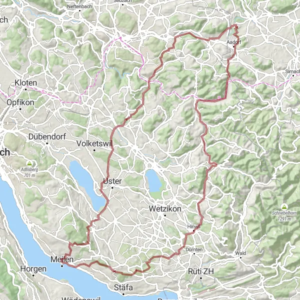 Zemljevid v pomanjšavi "Čez griče in doline na gravel kolesih" kolesarske inspiracije v Zürich, Switzerland. Generirano z načrtovalcem kolesarskih poti Tarmacs.app