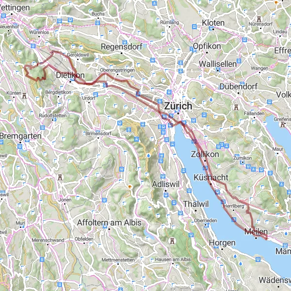 Miniatura della mappa di ispirazione al ciclismo "Giro in bicicletta attraverso Heitersbergpass" nella regione di Zürich, Switzerland. Generata da Tarmacs.app, pianificatore di rotte ciclistiche