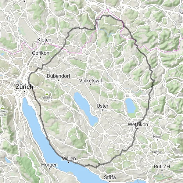 Zemljevid v pomanjšavi "Cestno kolesarjenje Erlenbach - Wetzikon" kolesarske inspiracije v Zürich, Switzerland. Generirano z načrtovalcem kolesarskih poti Tarmacs.app